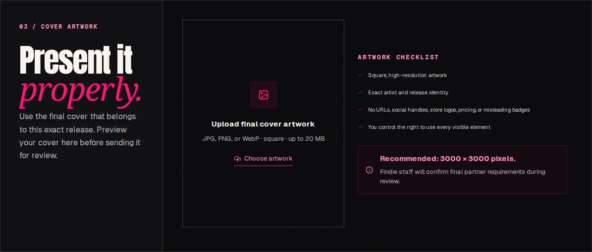 Findie’s actual artwork upload screen with cover requirements and file selector