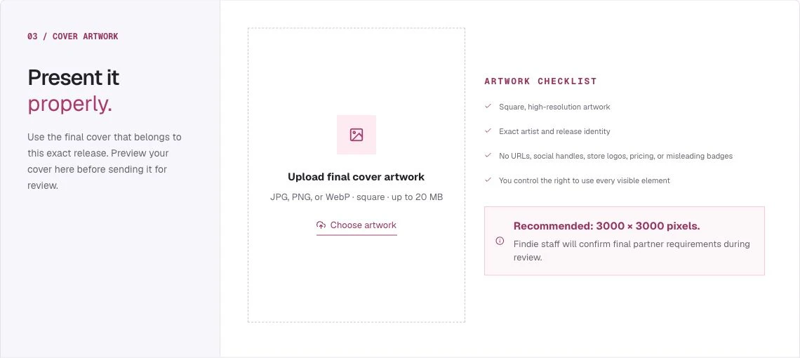 Findie’s actual artwork upload screen with cover requirements and file selector