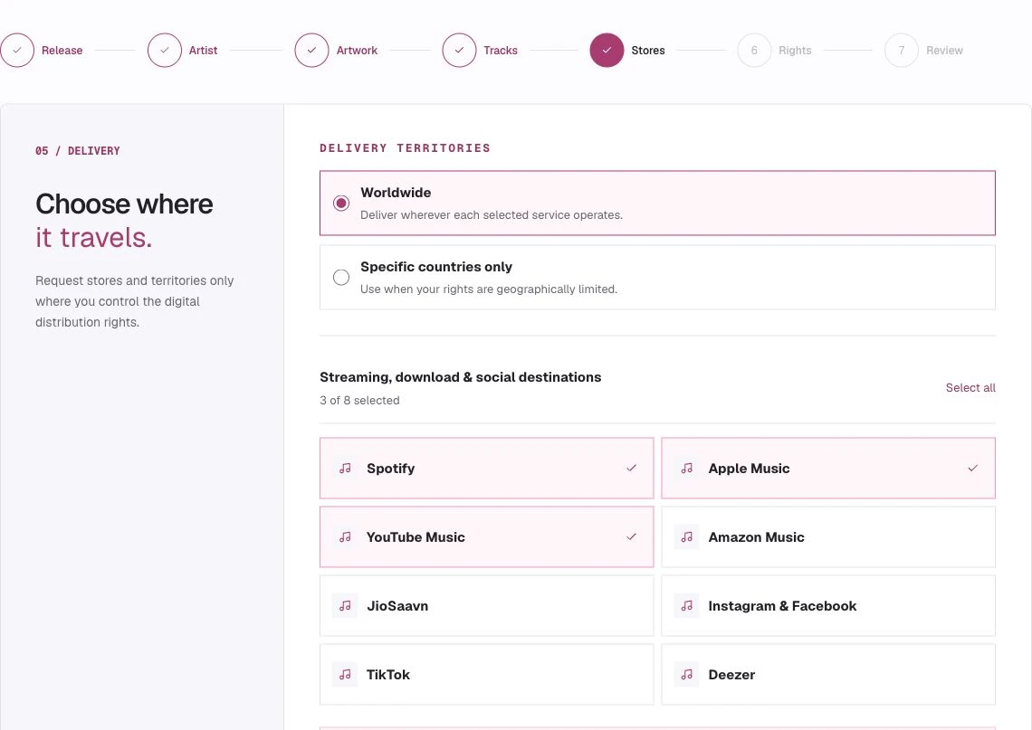 Findie’s store selection screen with streaming destinations and territory options